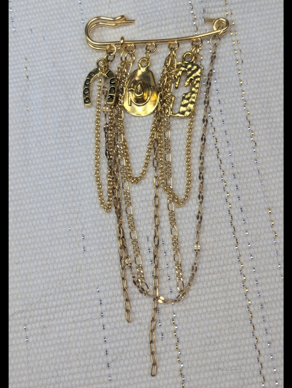 Charm Safety Pin Brooch Western Cowgirl Statement Pin Dangle Chain Brooch - Picture 2 of 8